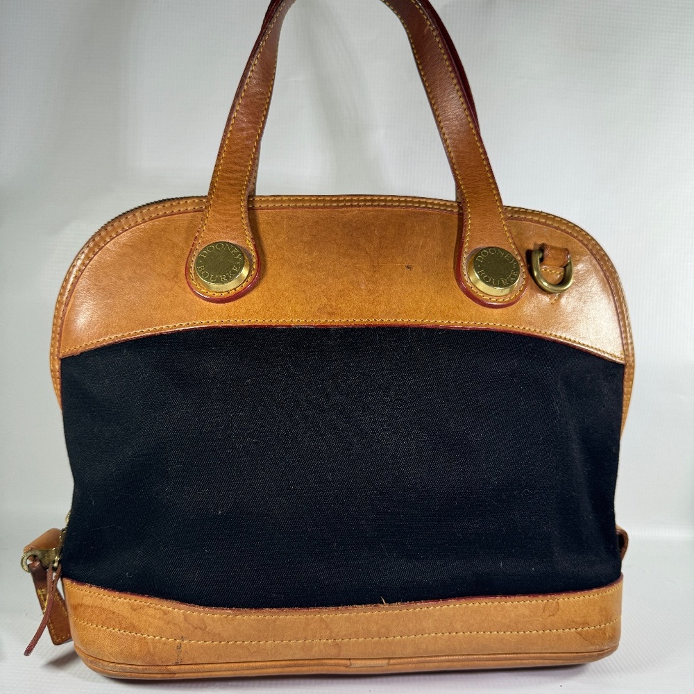 Vintage Dooney and Bourke Black Canvas and Tan Leather Satchel